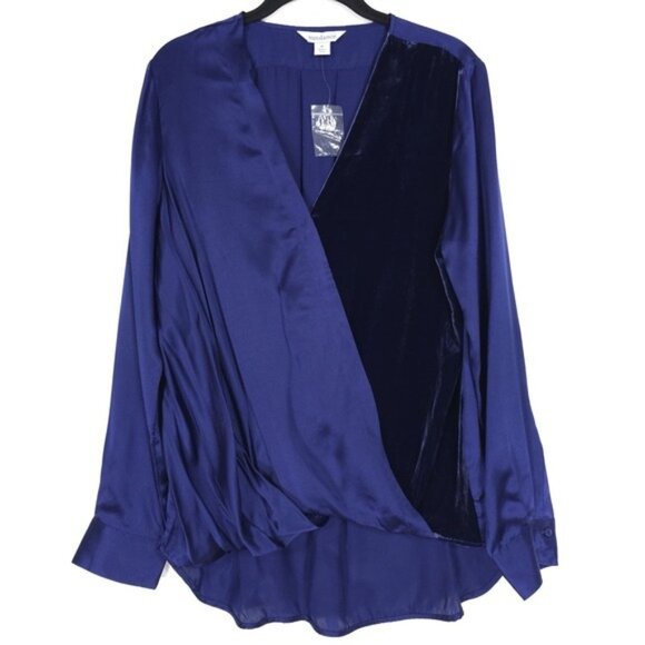 Sundance Blended Paths Blue 100% SILK Velvet Faux Wrap Top Women's MEDIUM Hi Low - Picture 1 of 13
